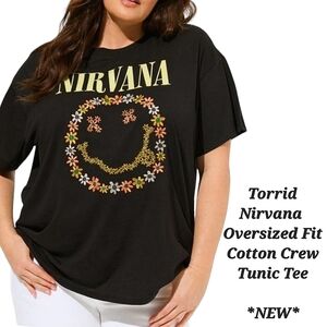 NEW Torrid Nirvana Oversized Fit Cotton Crew Tunic Tee Embroidered Smiley Face